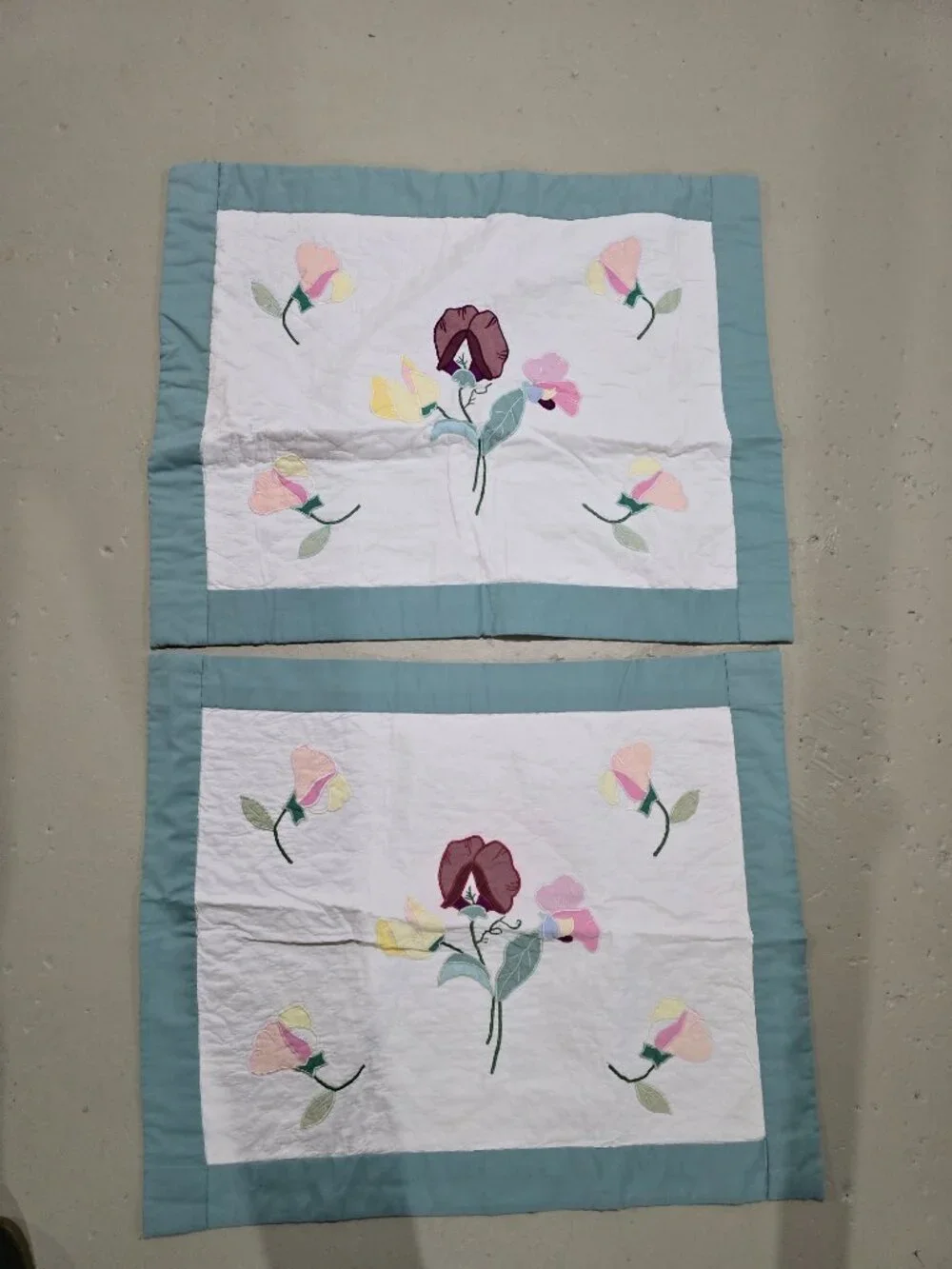 Vintage Floral Appliqué Quilted Pillow Shams - Pastel Cottagecore Set (2)